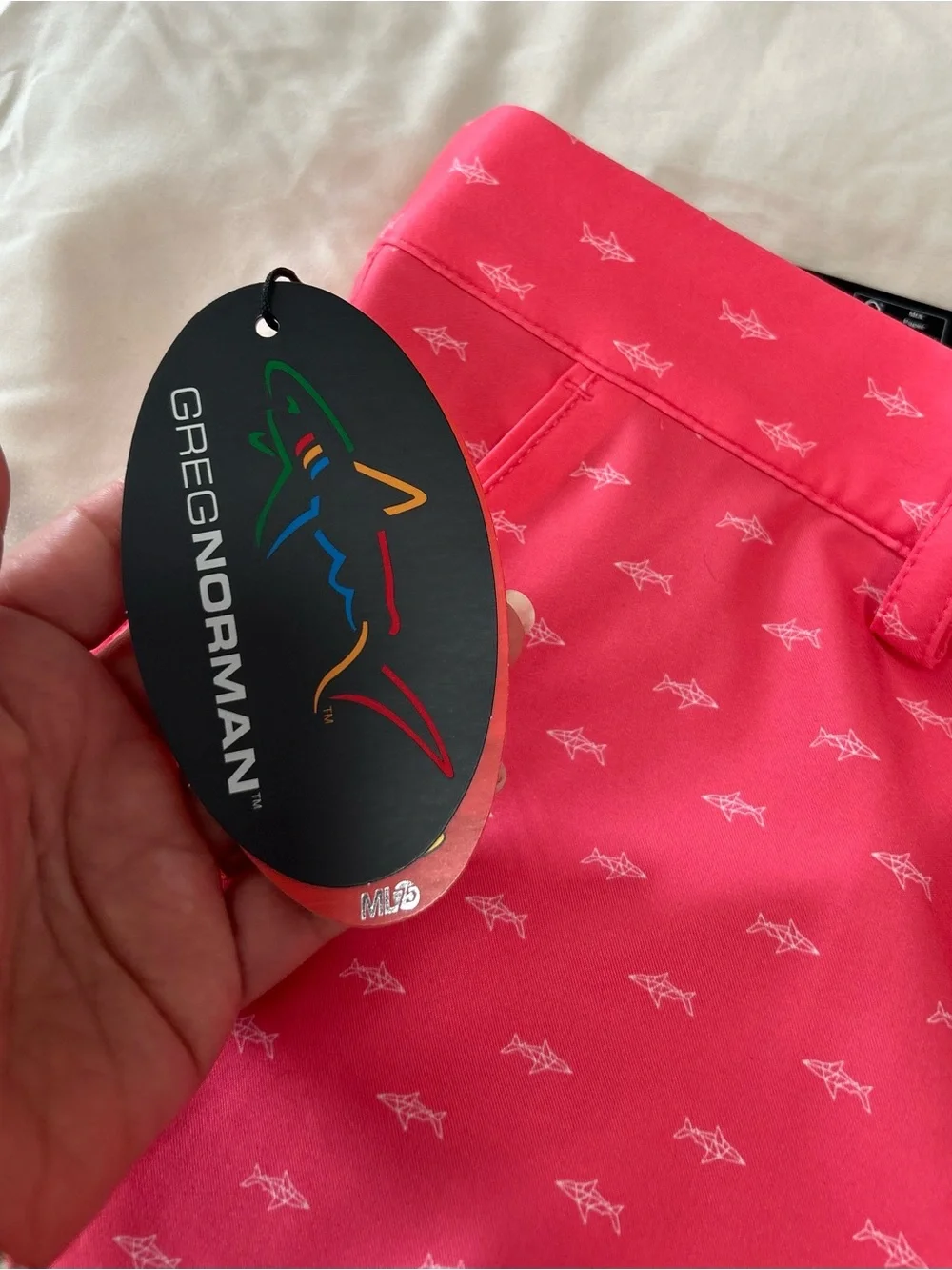 NWT Greg Norman Golf Shorts Men’s  36 Coral Pink AOP Shark Print Stretch